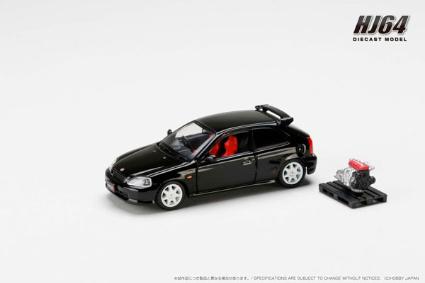 HJ643016ABK HJ64 1/64 Honda CIVIC TYPE R (EK9) 1997 with Engine Display Model STARLIGHT BLACK PEARL