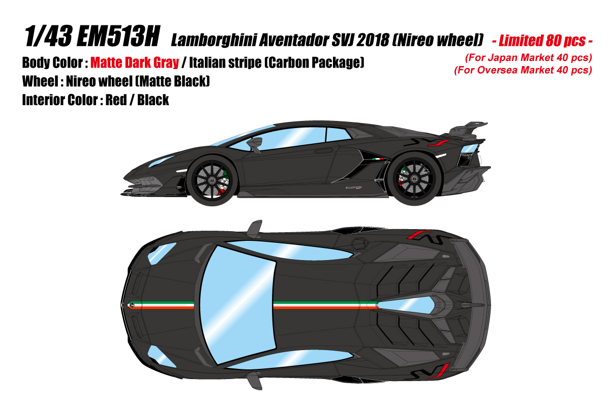 EM513H EIDOLON 1/43 Lamborghini Aventador SVJ 2018 (Nireo wheel) マットダークグレー/イタリアンストライプ