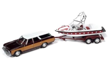 JLBT019B Johnny Lightning 1/64 1973 シェビー カプリス ワゴン & マスタークラフト スポーツフィッシャー ダークレッド/ホワイト